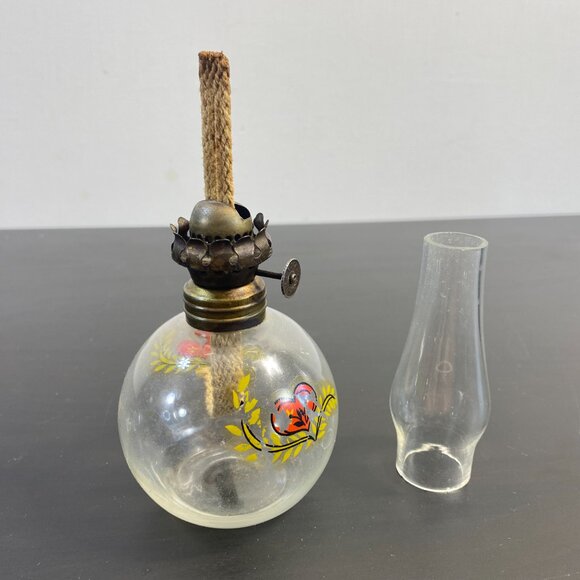 Miniature Oil Lamp Glass Hand Painted red White Flowers, Clear Top, Mini Lamp. - Picture 3 of 10